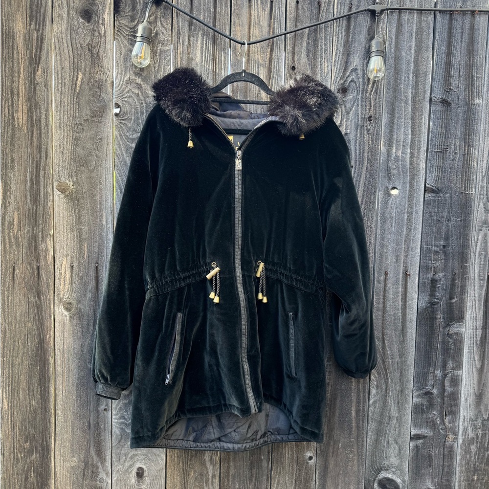 🔴Vintage Black Long Heavy Faux Fur Hooded Skea Designer Velvet Ski Jacket large